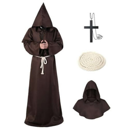 Moine Mystique pour Halloween - Robe Brun avec Capuche, Ceinture et Croix - Déguisement Adulte Médiéval